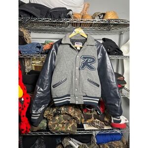 Meca Varsity Letterman Jacket Grey Wool Blue Leather R Patch Mens Medium